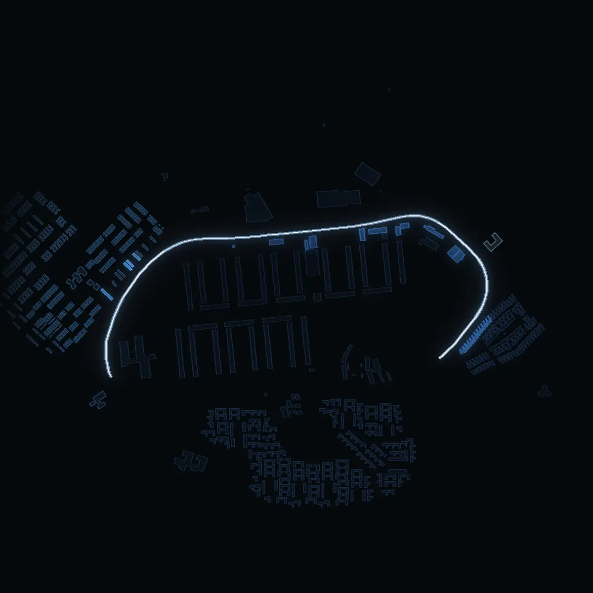 The street at night: Fisksätravägen drawn in white, its buildings lit in the colour of their area’s income