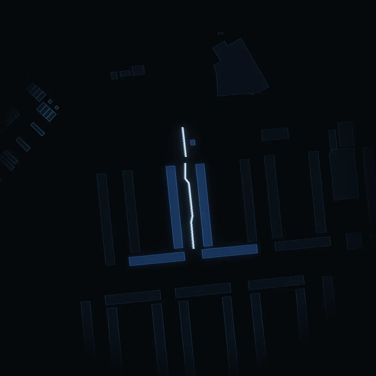 The street at night: Forellgatan drawn in white, its buildings lit in the colour of their area’s income