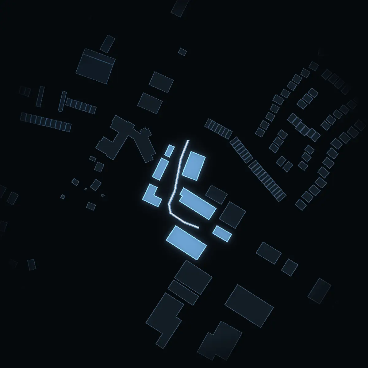 The street at night: Förrådsvägen drawn in white, its buildings lit in the colour of their area’s income