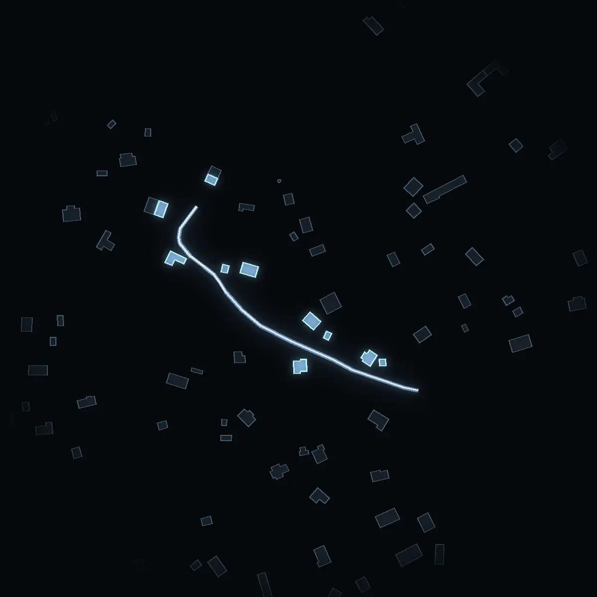 The street at night: Fösabacken drawn in white, its buildings lit in the colour of their area’s income