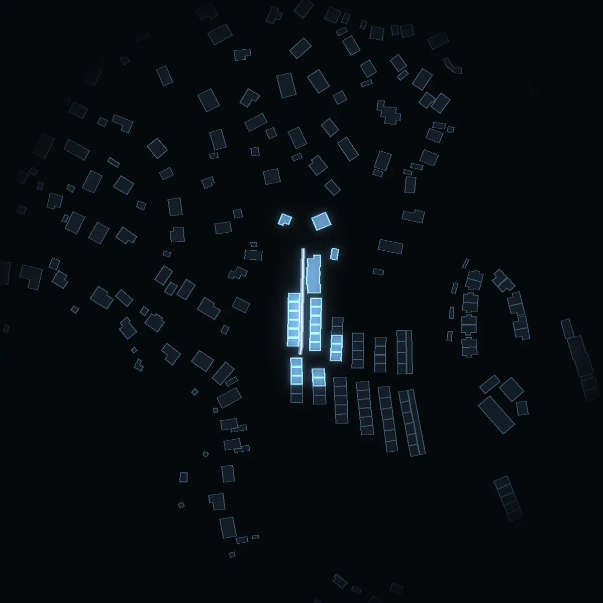 The street at night: Frejavägen drawn in white, its buildings lit in the colour of their area’s income