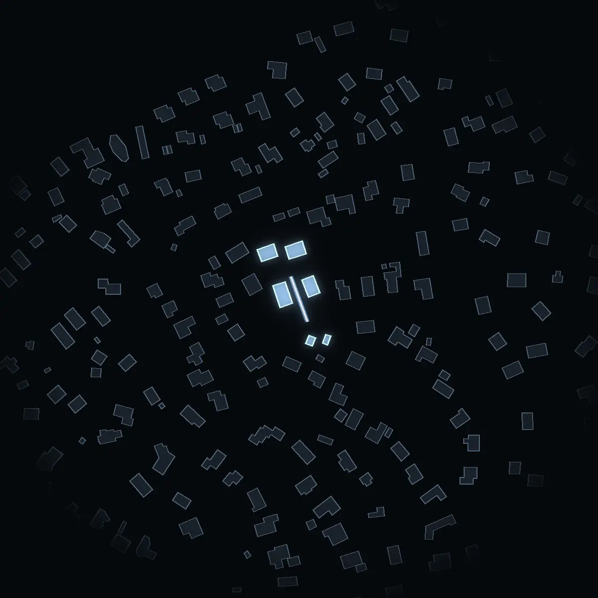 The street at night: Frejgränd drawn in white, its buildings lit in the colour of their area’s income