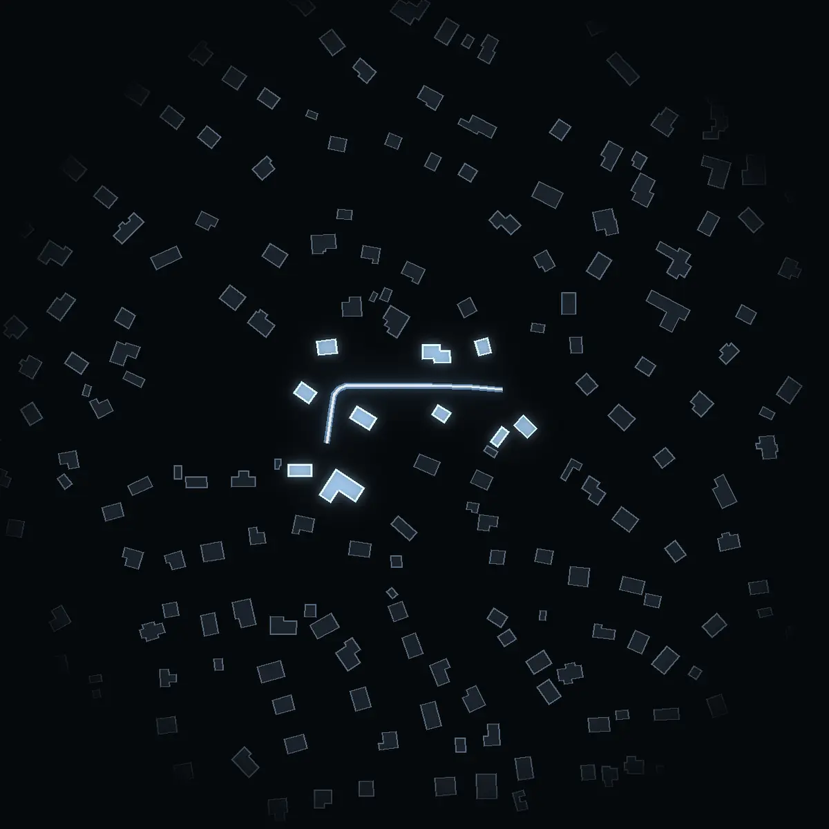 The street at night: Frodevägen drawn in white, its buildings lit in the colour of their area’s income