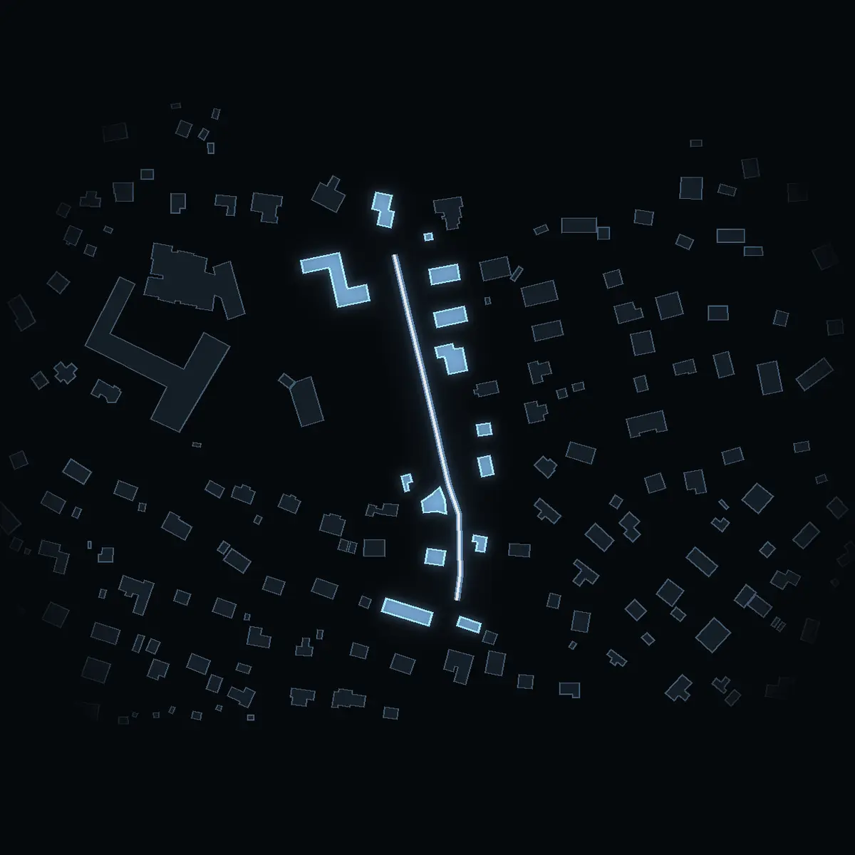 The street at night: Fruktvägen drawn in white, its buildings lit in the colour of their area’s income