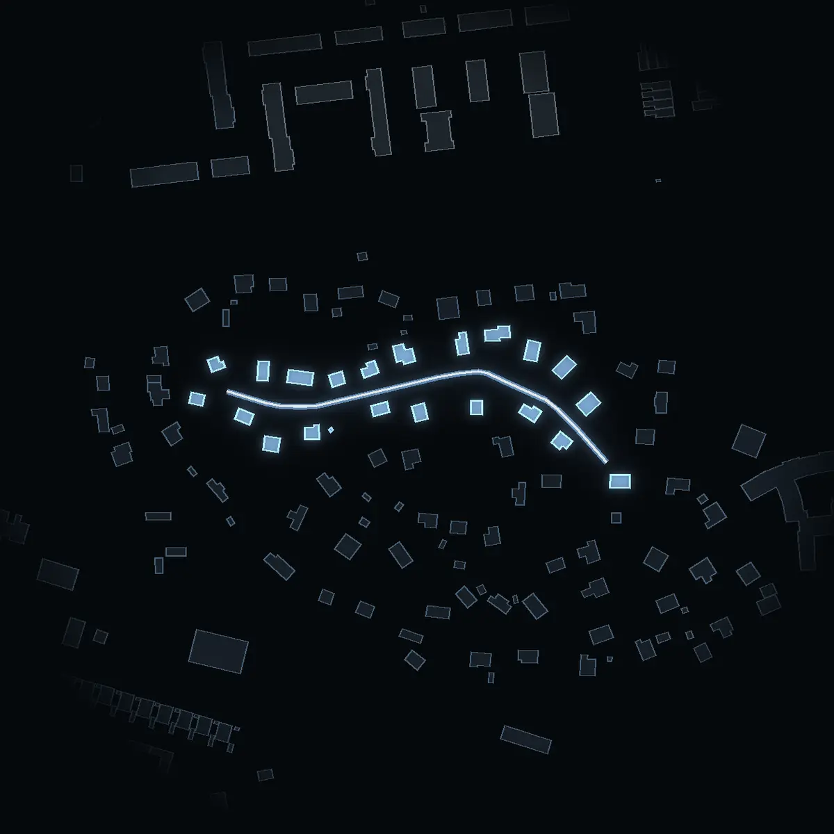 The street at night: Furustigen drawn in white, its buildings lit in the colour of their area’s income