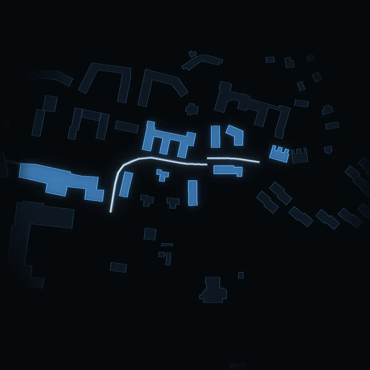 The street at night: Furuvägen drawn in white, its buildings lit in the colour of their area’s income