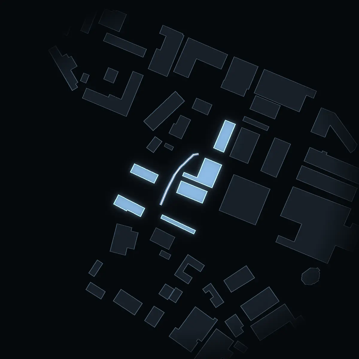 The street at night: Gjutarvägen drawn in white, its buildings lit in the colour of their area’s income