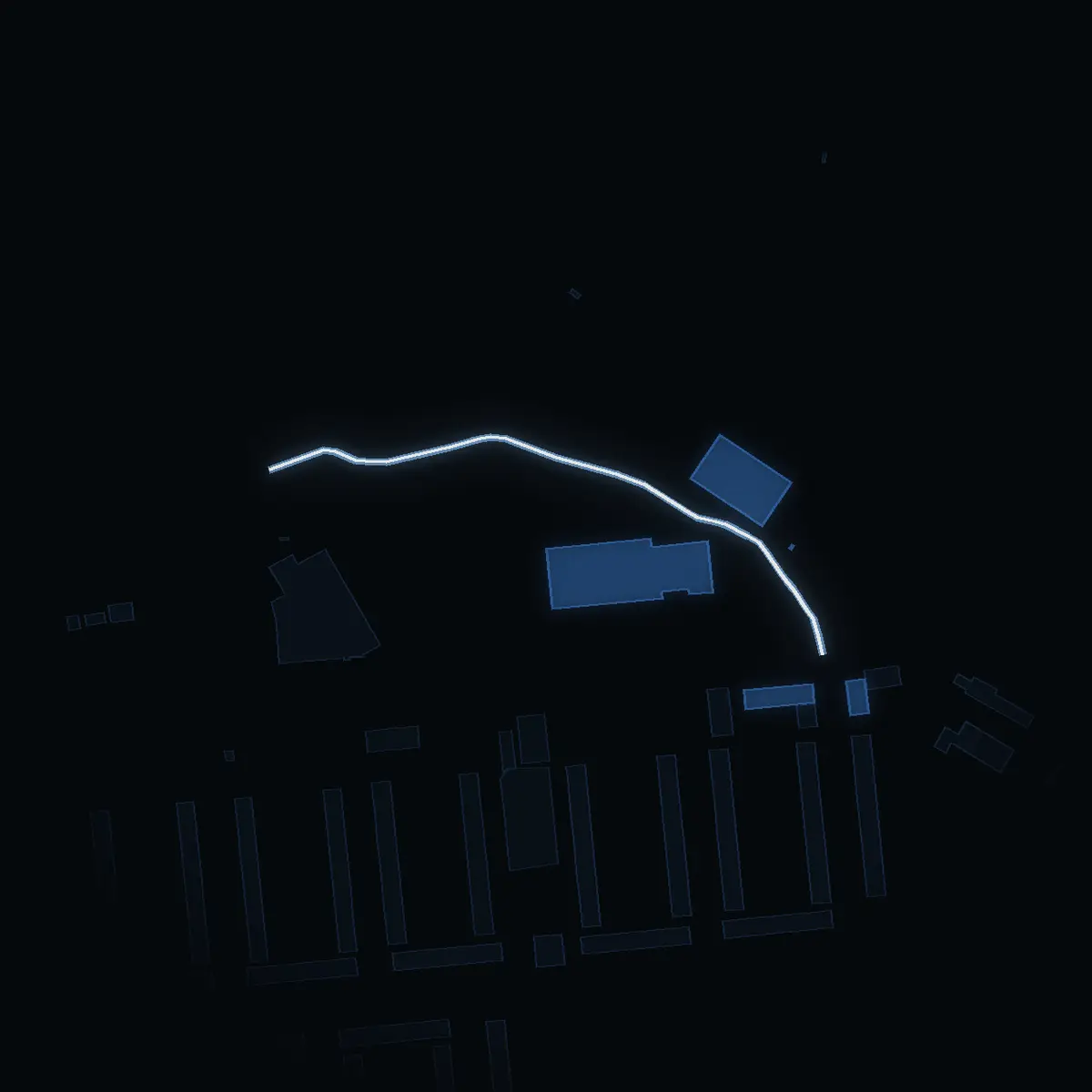 The street at night: Hamnvägen drawn in white, its buildings lit in the colour of their area’s income