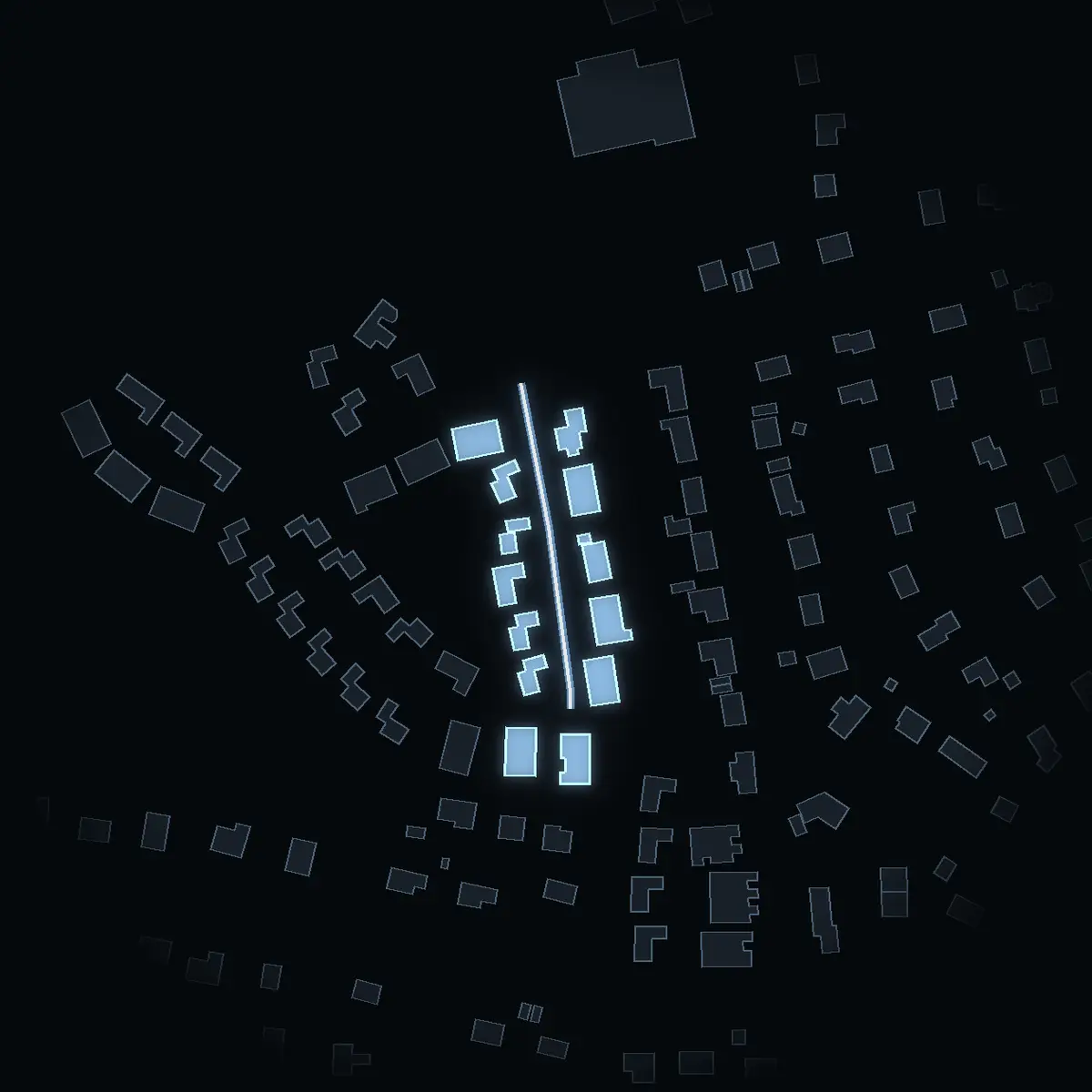 The street at night: Illervägen drawn in white, its buildings lit in the colour of their area’s income