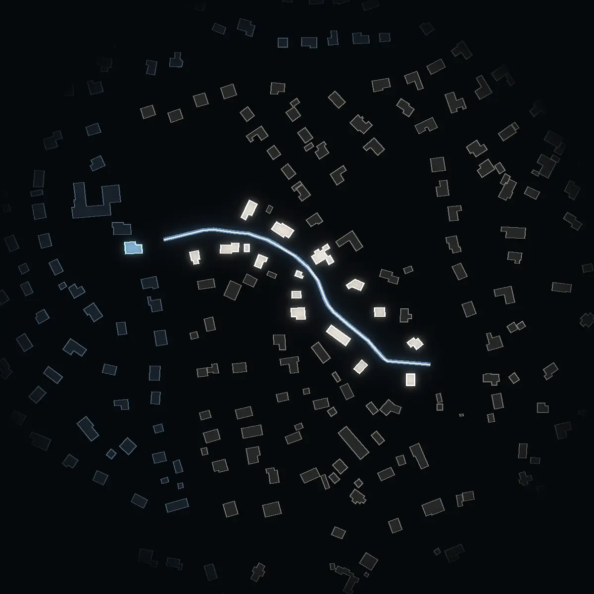 The street at night: Jägarstigen drawn in white, its buildings lit in the colour of their area’s income