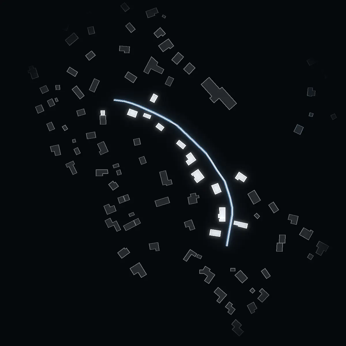 The street at night: Jaktvarvsvägen drawn in white, its buildings lit in the colour of their area’s income