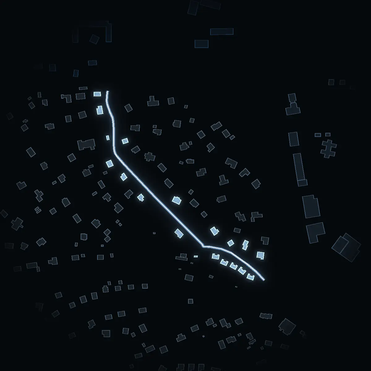 The street at night: John Lodéns väg drawn in white, its buildings lit in the colour of their area’s income