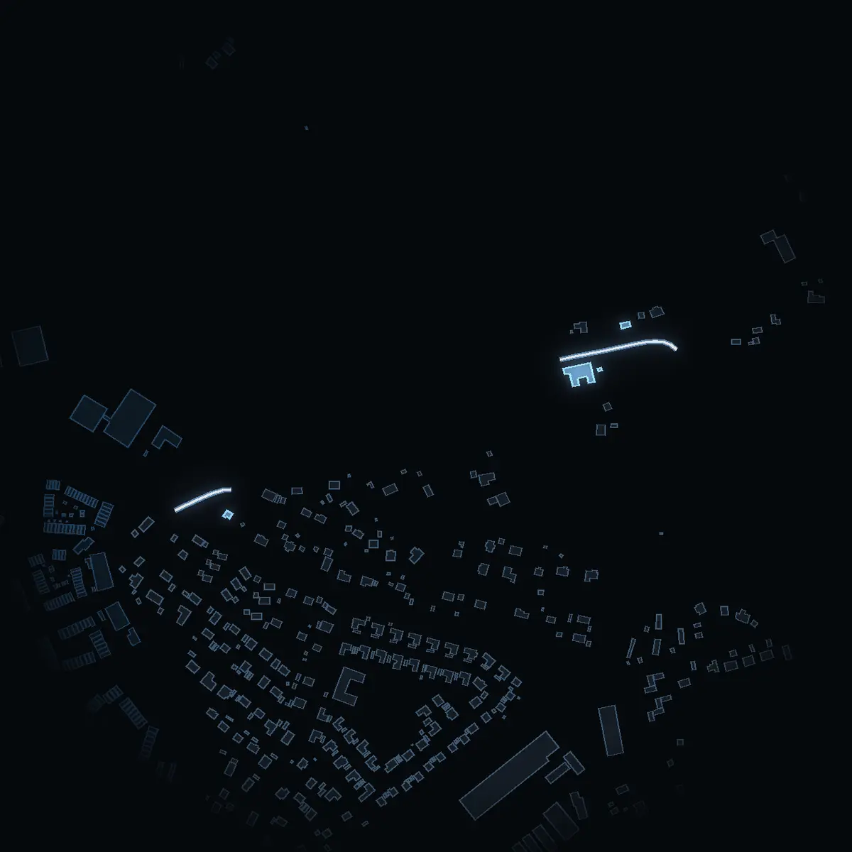 The street at night: Källängsvägen drawn in white, its buildings lit in the colour of their area’s income