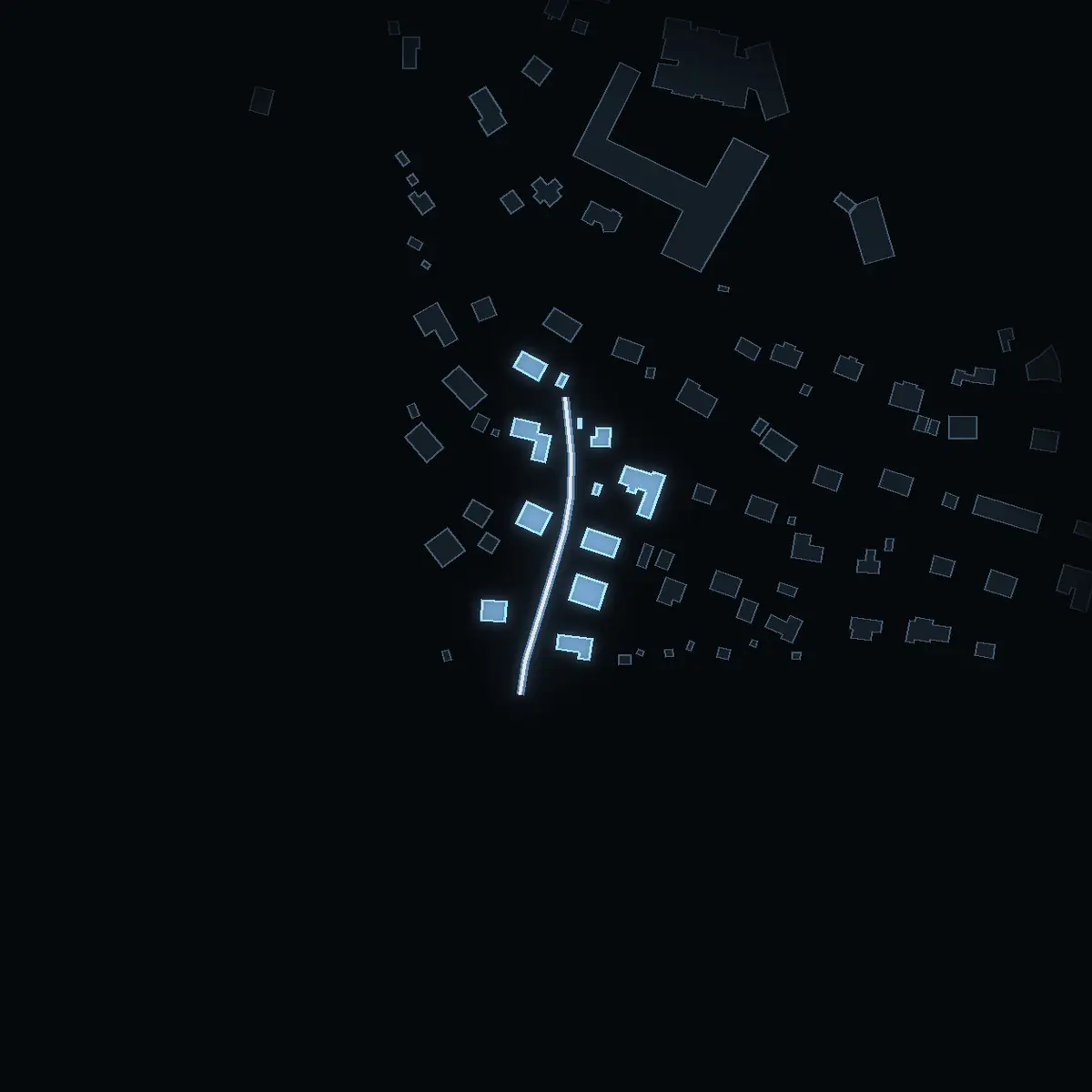 The street at night: Källbacksvägen drawn in white, its buildings lit in the colour of their area’s income