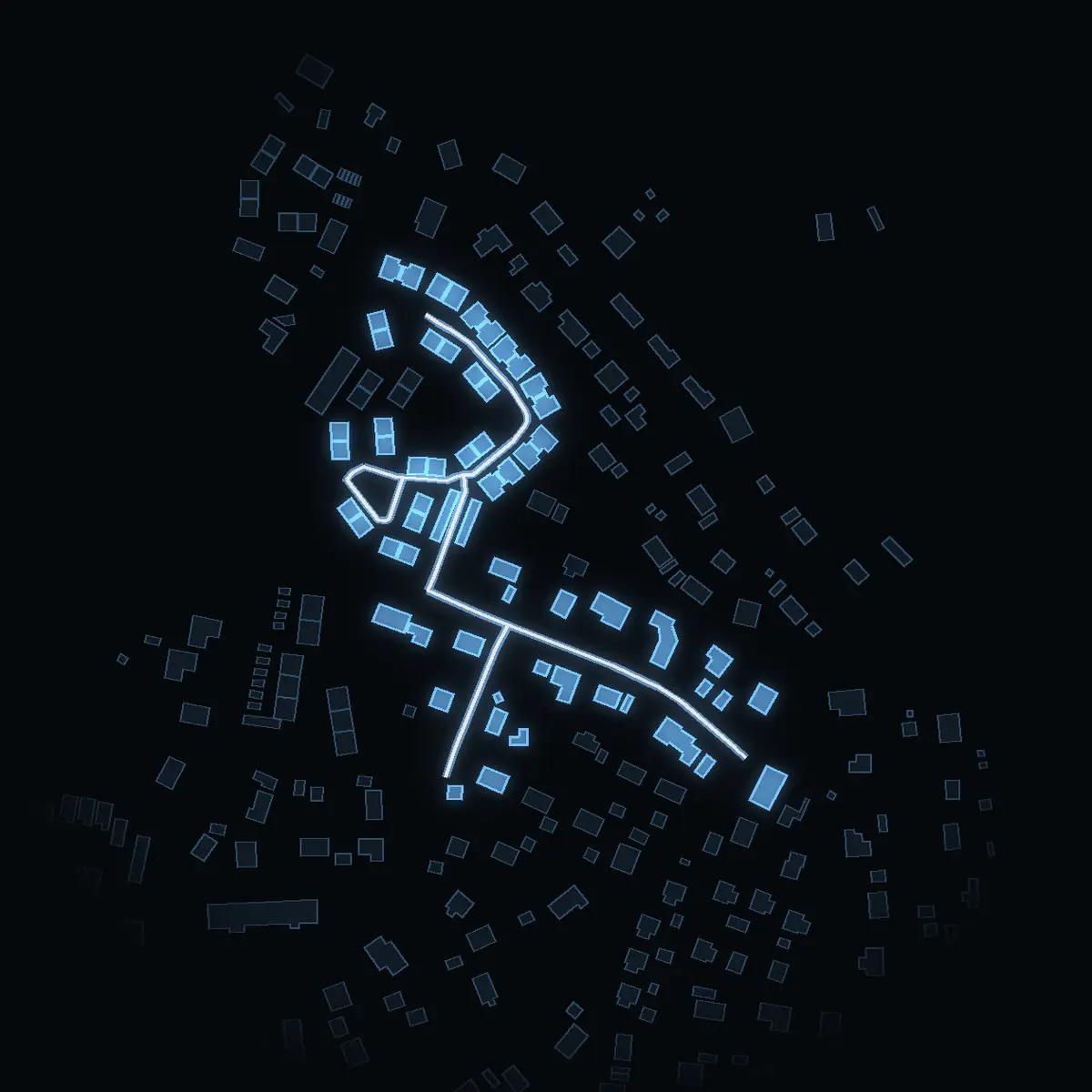 The street at night: Källmossvägen drawn in white, its buildings lit in the colour of their area’s income