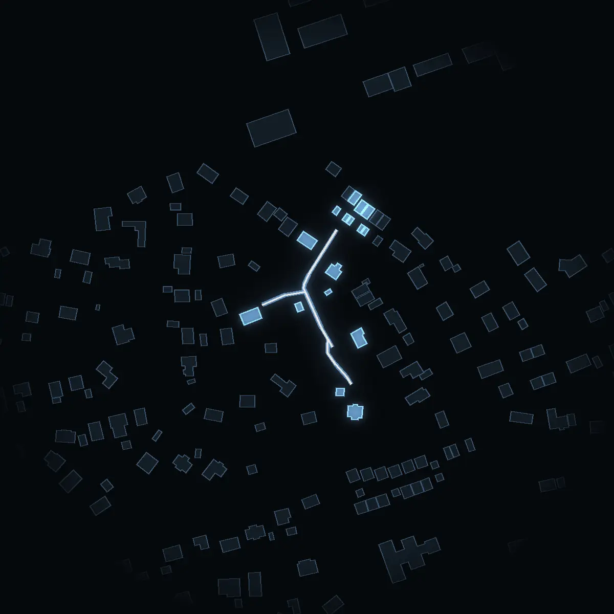 Gatan nattetid: Källsprångsvägen inritad i vitt, husen tända i färgen för områdets inkomst