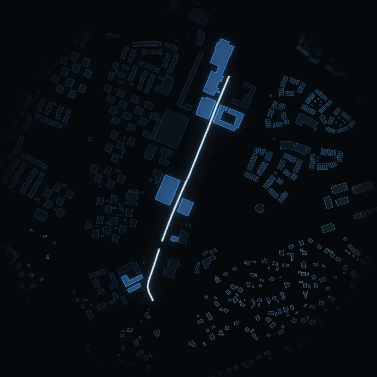 The street at night: Kanholmsvägen drawn in white, its buildings lit in the colour of their area’s income