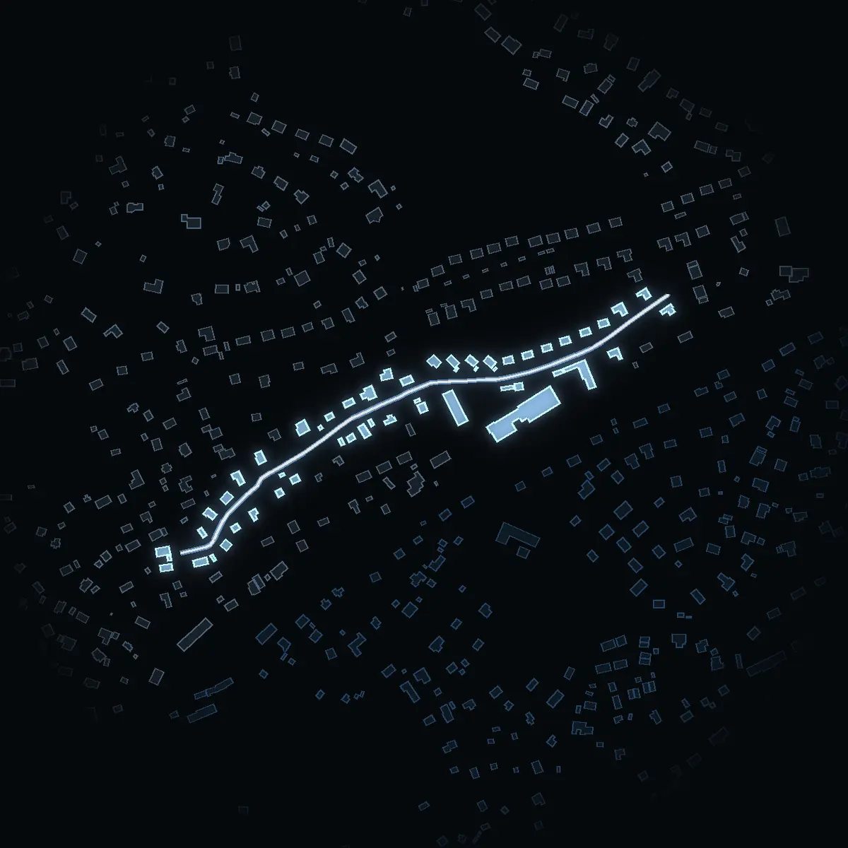 The street at night: Kärrstigen drawn in white, its buildings lit in the colour of their area’s income