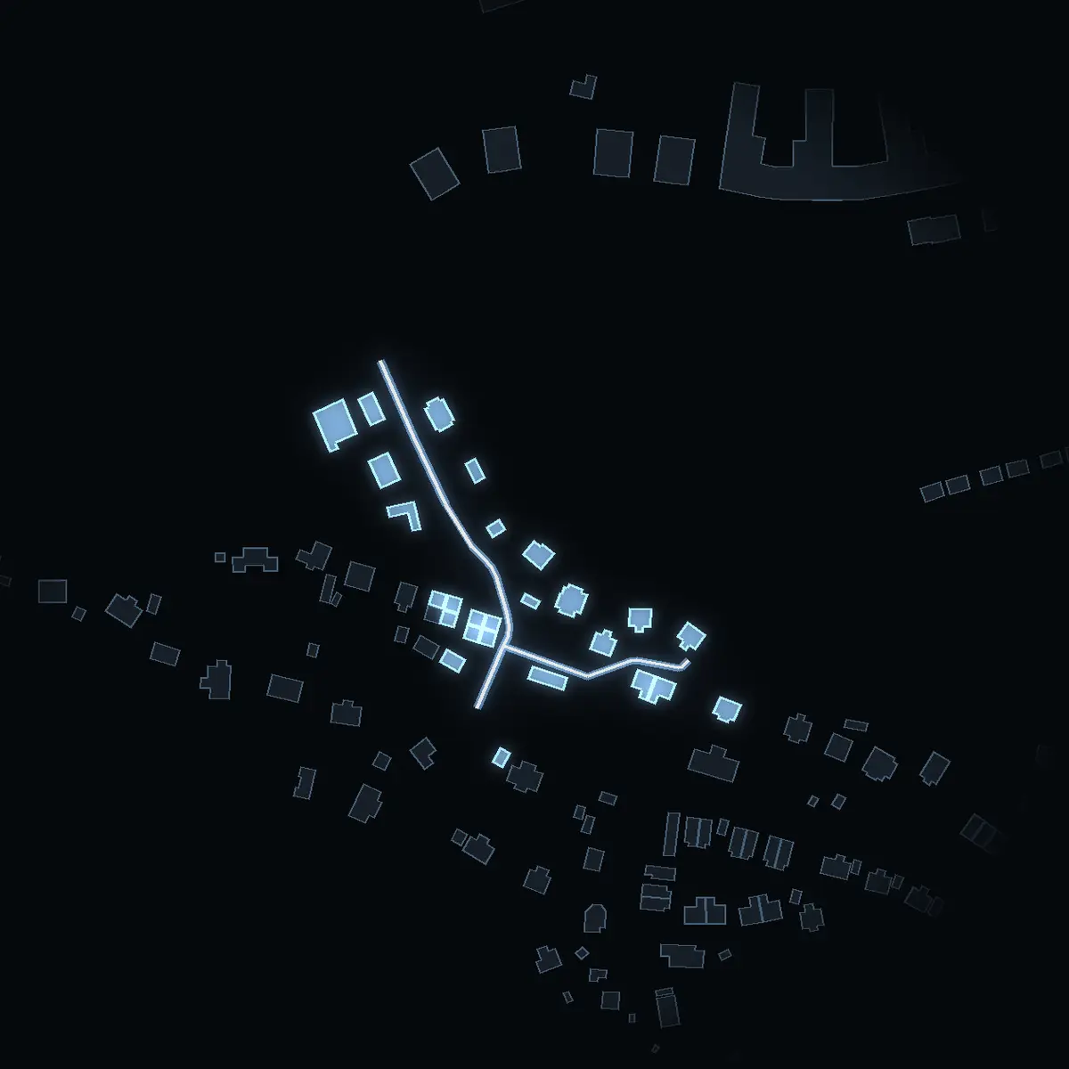 The street at night: Klarabergsvägen drawn in white, its buildings lit in the colour of their area’s income