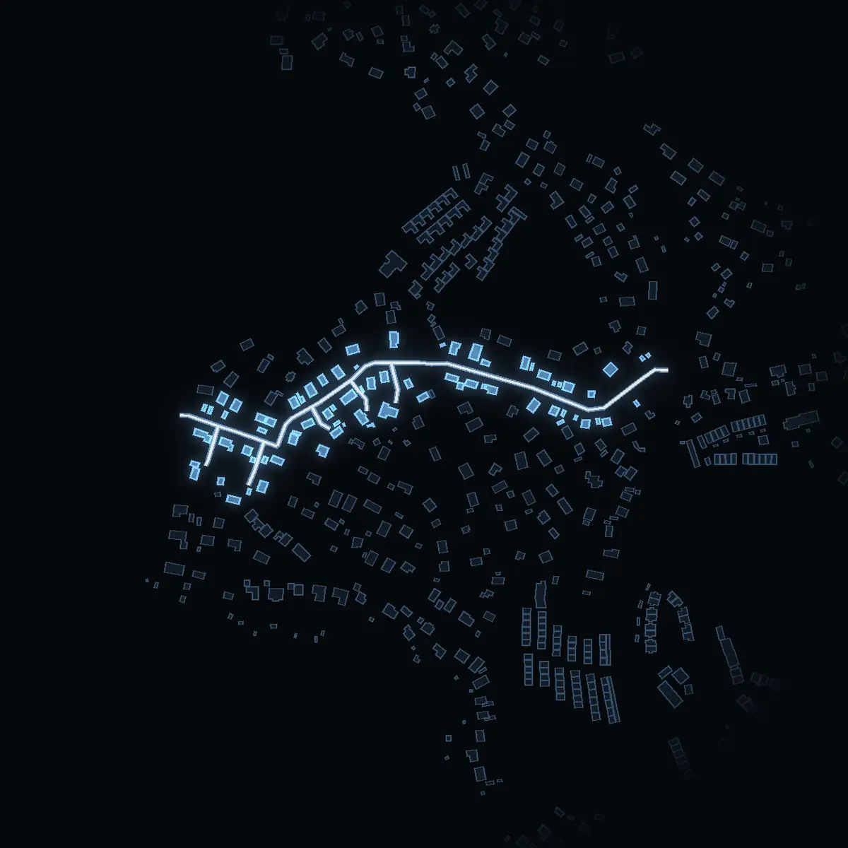 The street at night: Klisätravägen drawn in white, its buildings lit in the colour of their area’s income
