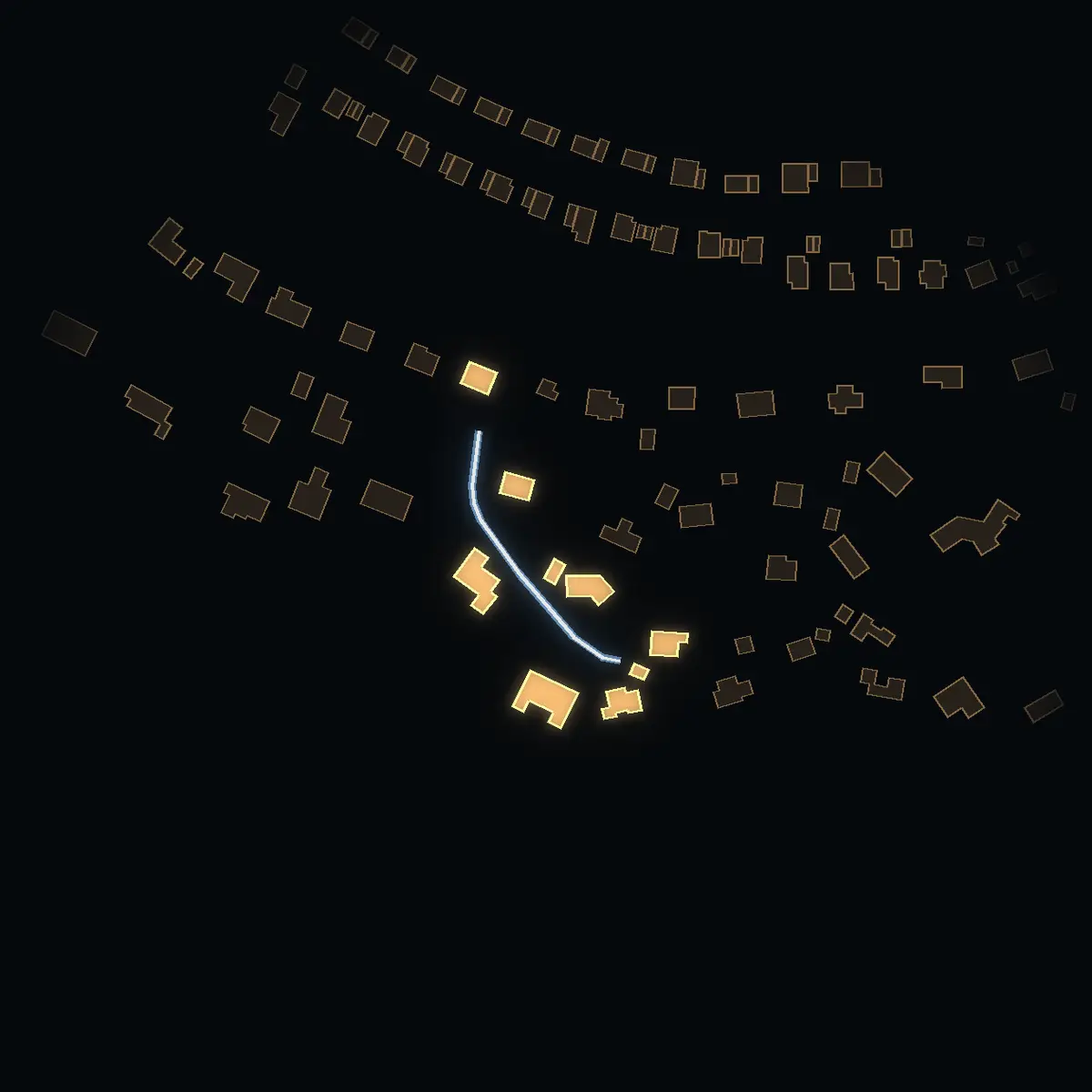 The street at night: Klövervägen drawn in white, its buildings lit in the colour of their area’s income