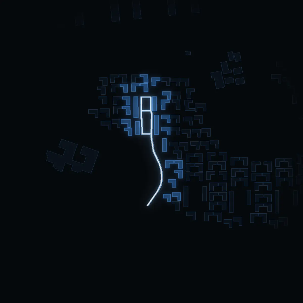 The street at night: Knopvägen drawn in white, its buildings lit in the colour of their area’s income