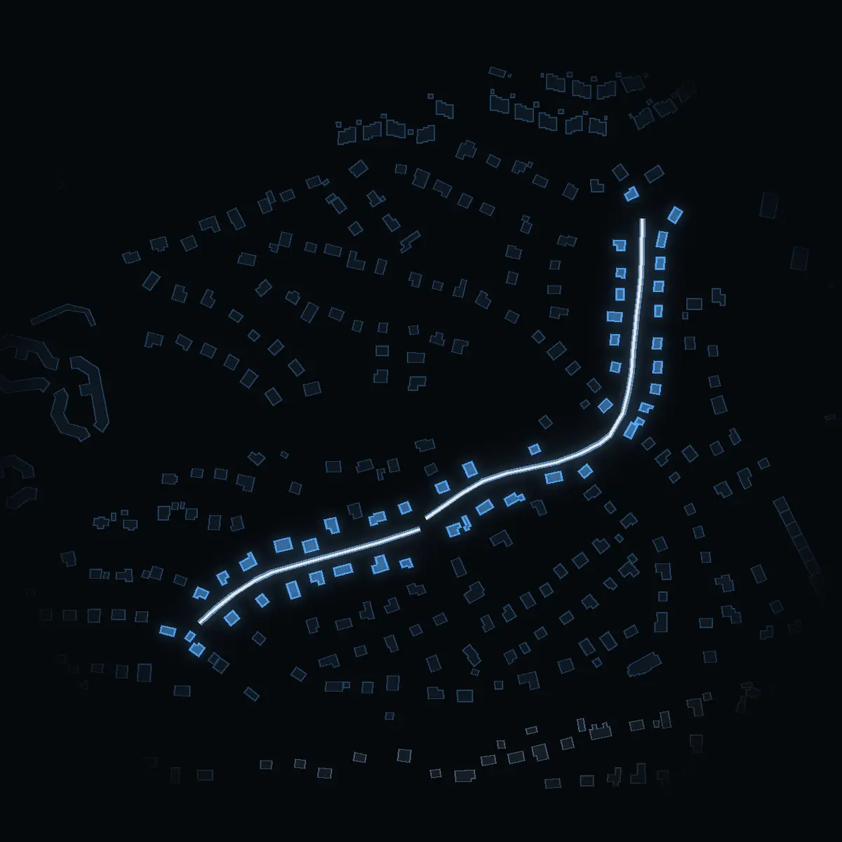 The street at night: Korsvägen drawn in white, its buildings lit in the colour of their area’s income
