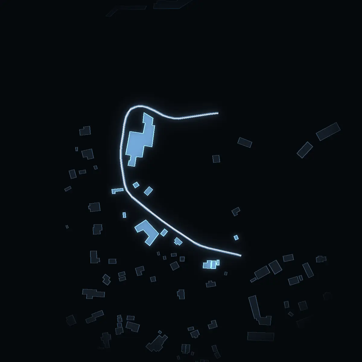 The street at night: Kvarnvägen drawn in white, its buildings lit in the colour of their area’s income