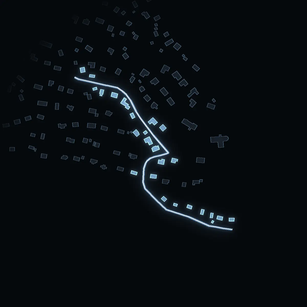 The street at night: Kyrkvägen drawn in white, its buildings lit in the colour of their area’s income