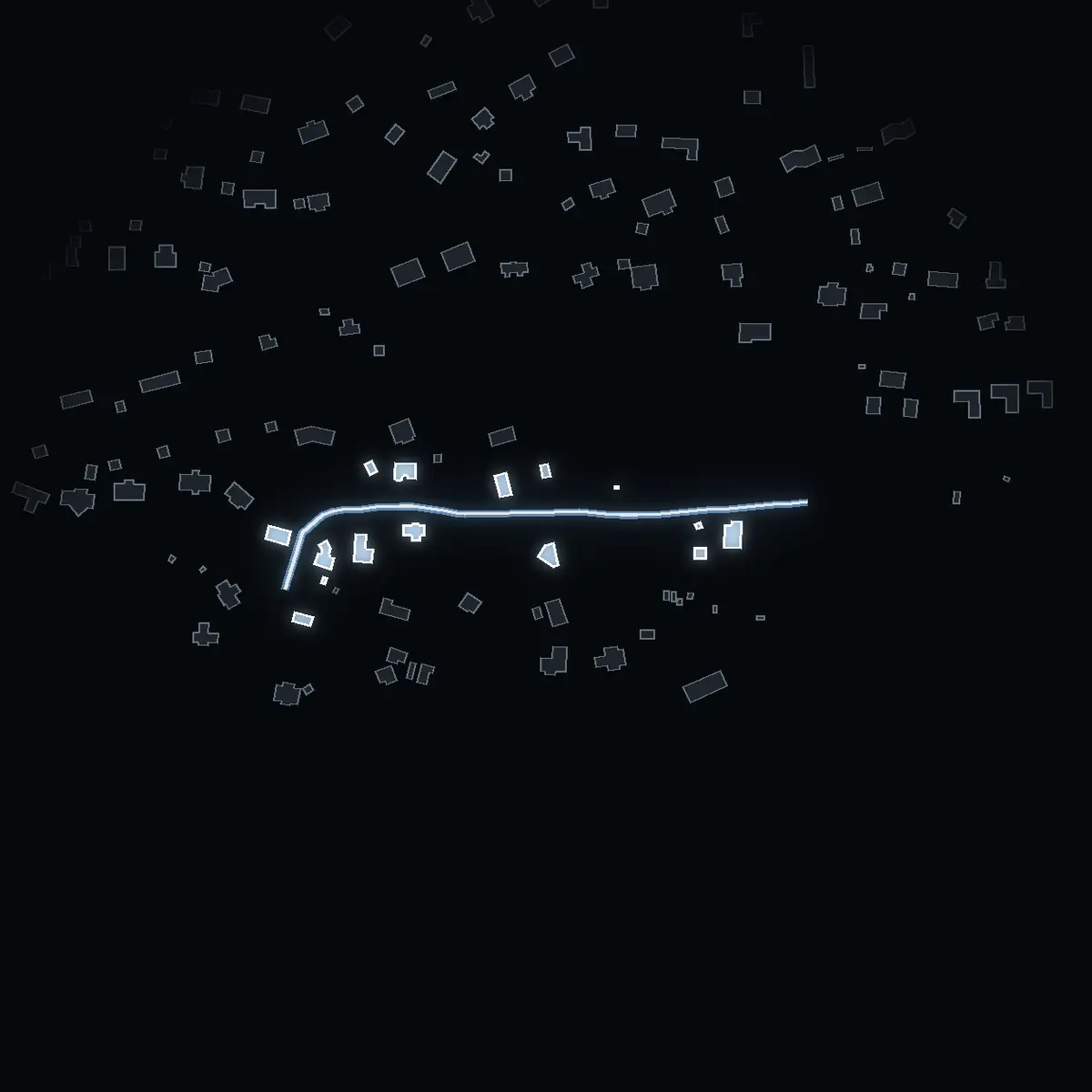 The street at night: Lännäsvägen drawn in white, its buildings lit in the colour of their area’s income
