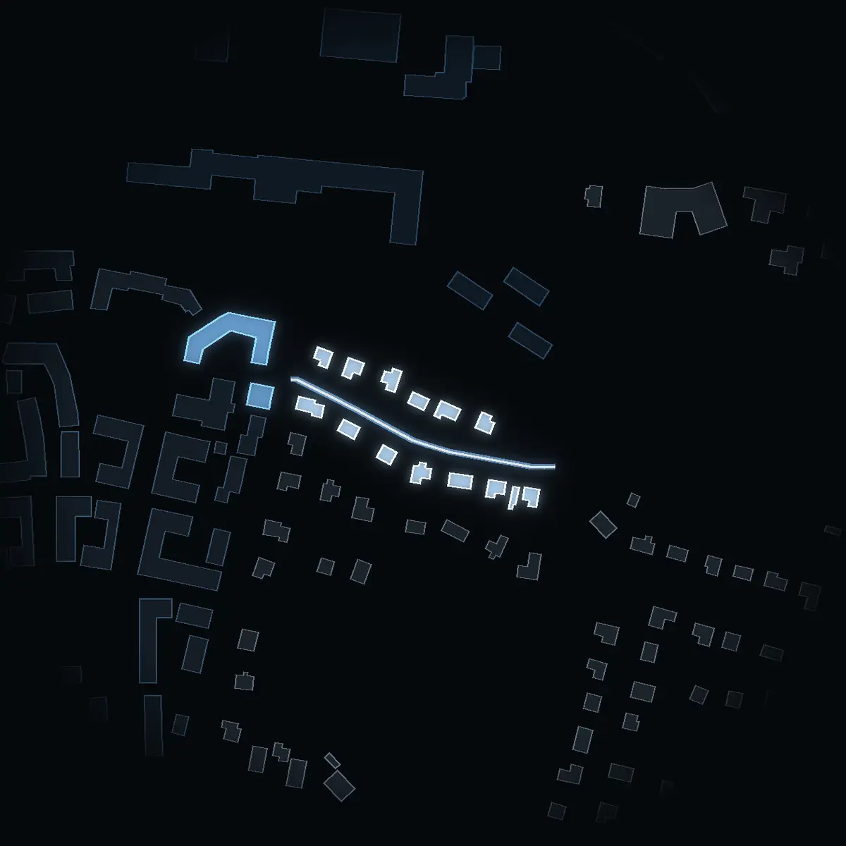 The street at night: Lavalvägen drawn in white, its buildings lit in the colour of their area’s income