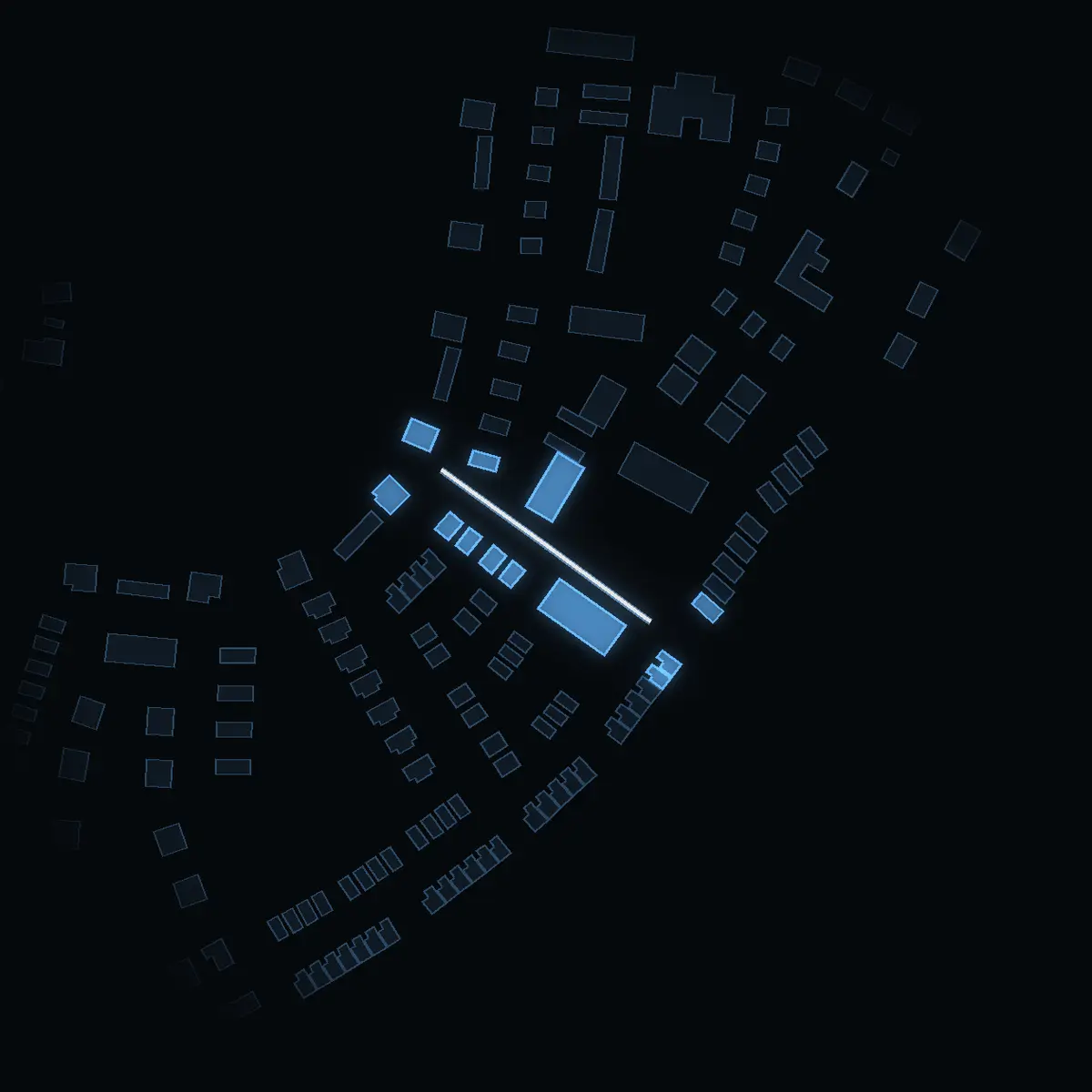 The street at night: Lobeliavägen drawn in white, its buildings lit in the colour of their area’s income