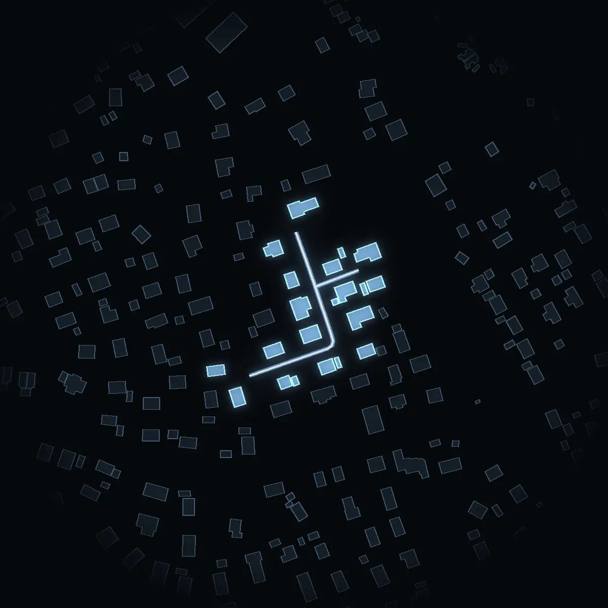 The street at night: Lokegränd drawn in white, its buildings lit in the colour of their area’s income