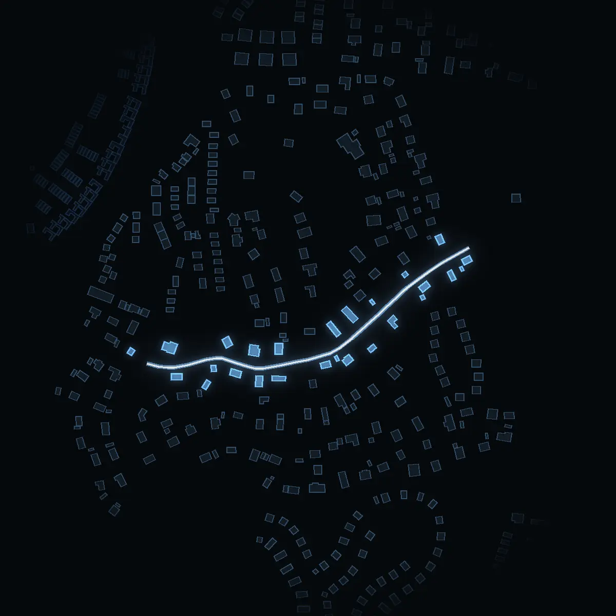 The street at night: Lönnvägen drawn in white, its buildings lit in the colour of their area’s income