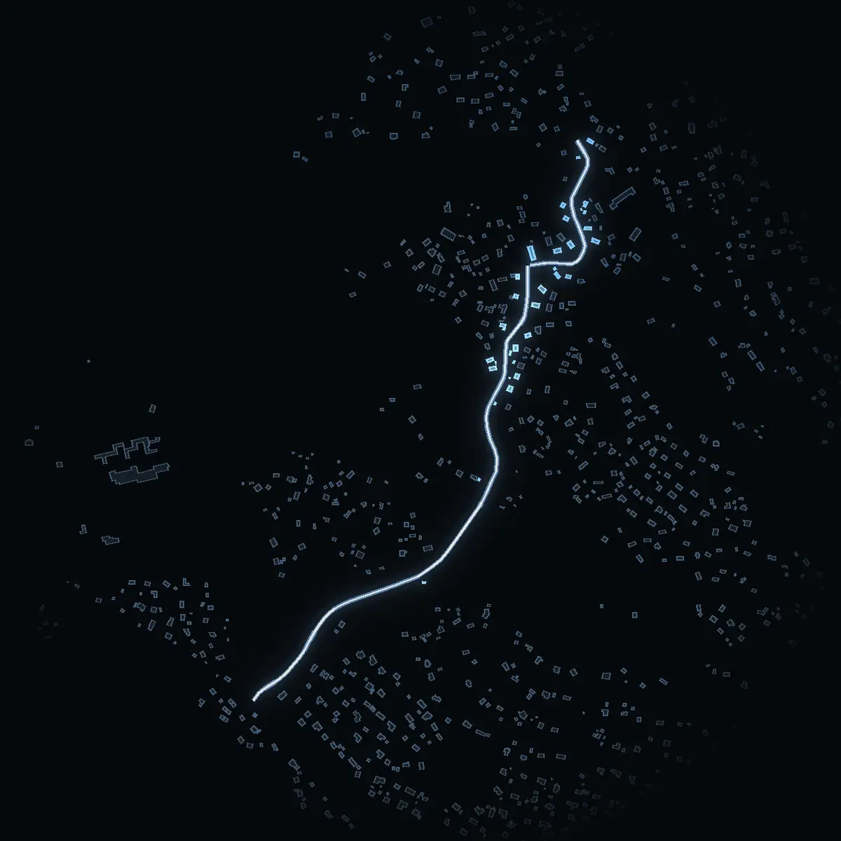 The street at night: Lövbergavägen drawn in white, its buildings lit in the colour of their area’s income