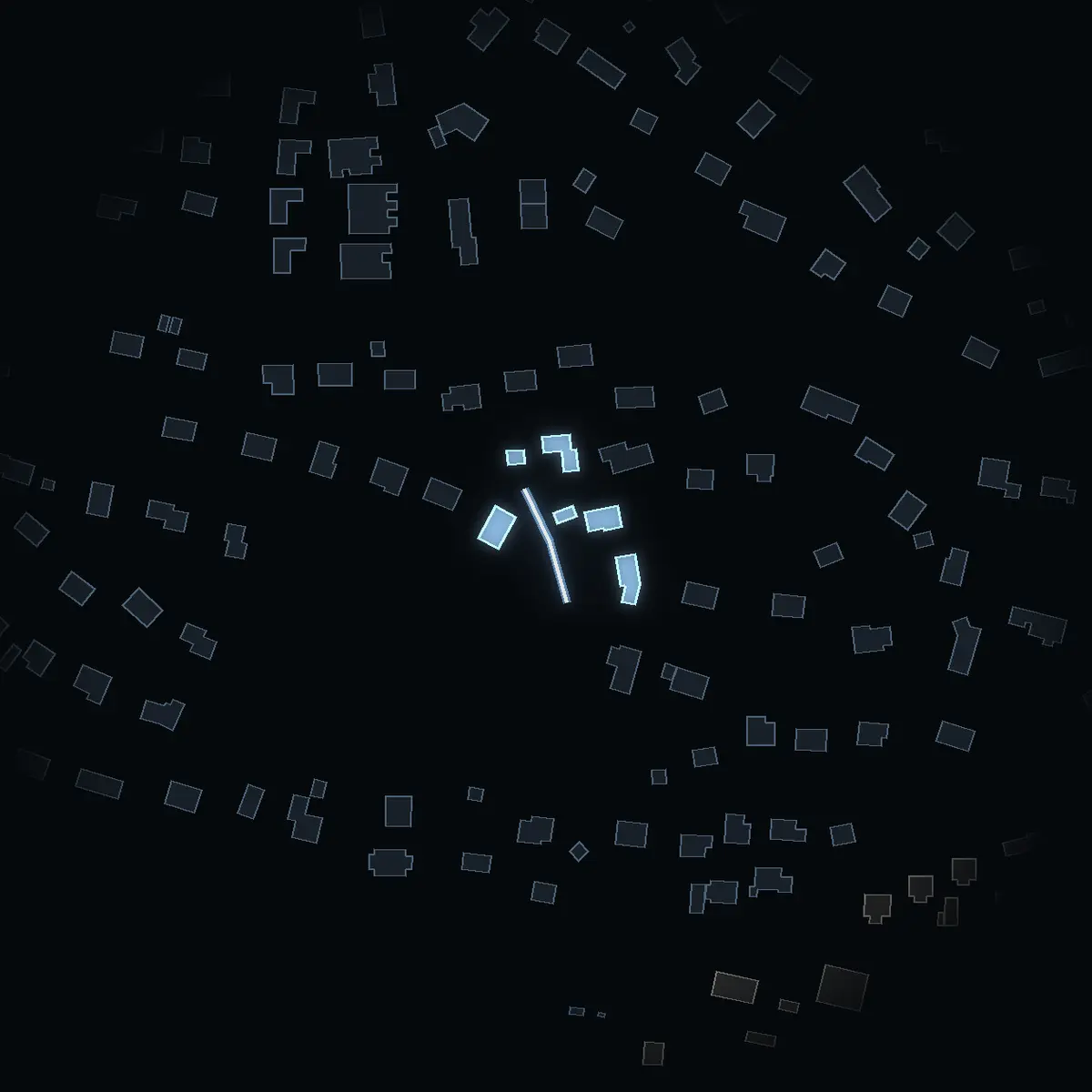 The street at night: Mårdgränd drawn in white, its buildings lit in the colour of their area’s income