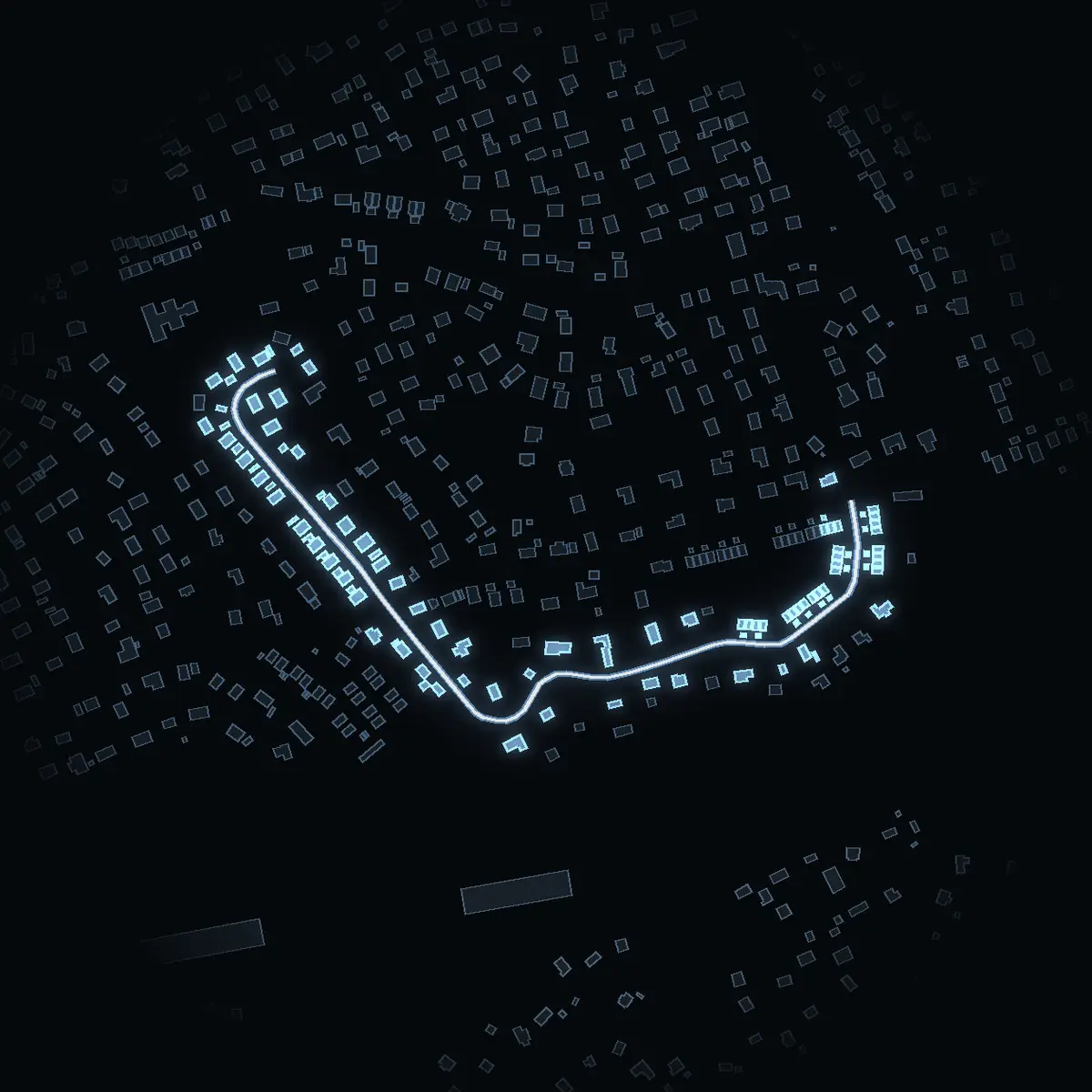 The street at night: Moravägen drawn in white, its buildings lit in the colour of their area’s income
