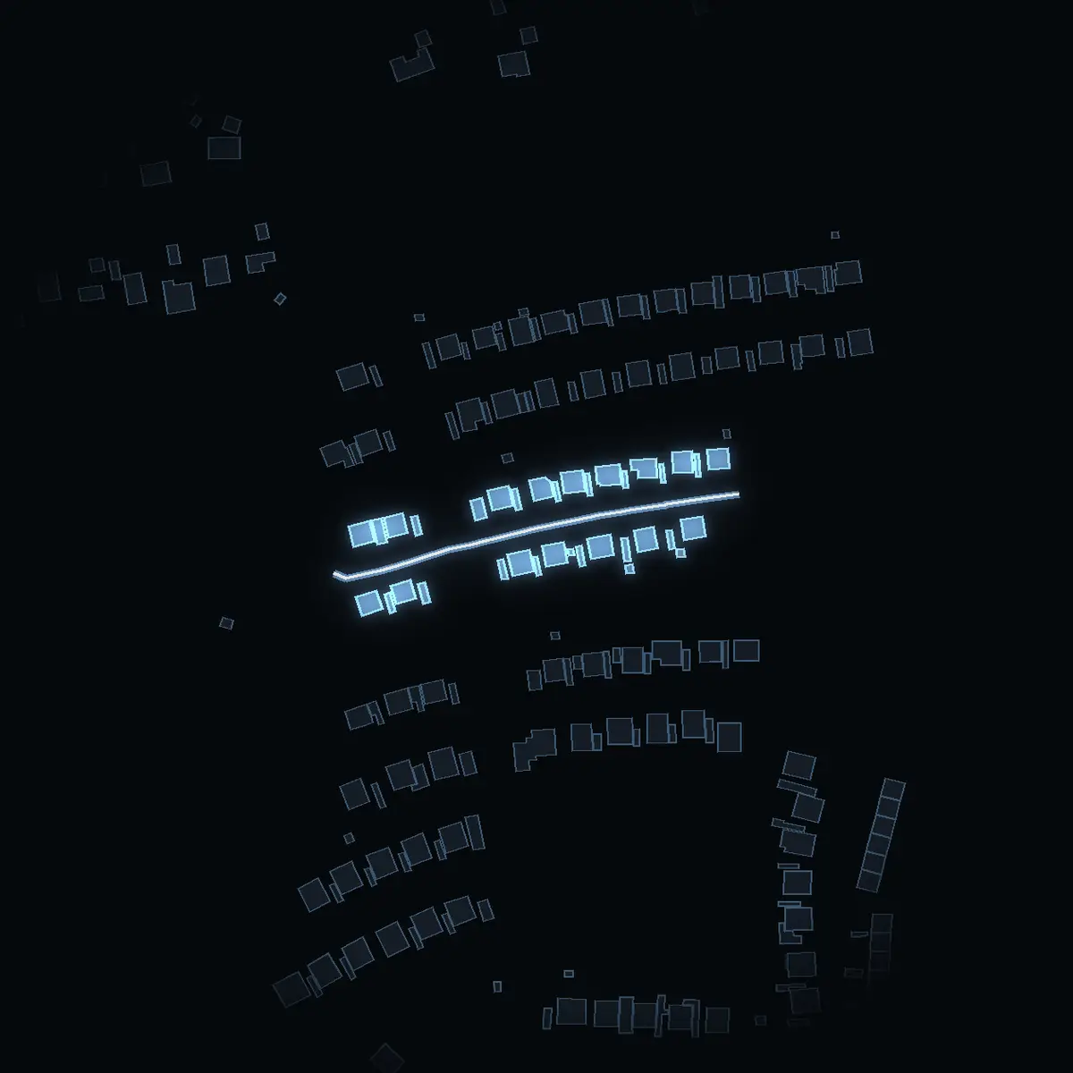 The street at night: Musseronvägen drawn in white, its buildings lit in the colour of their area’s income