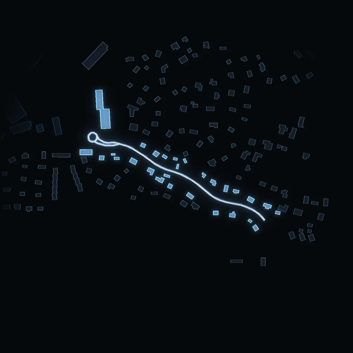 The street at night: Nackanäsvägen drawn in white, its buildings lit in the colour of their area’s income