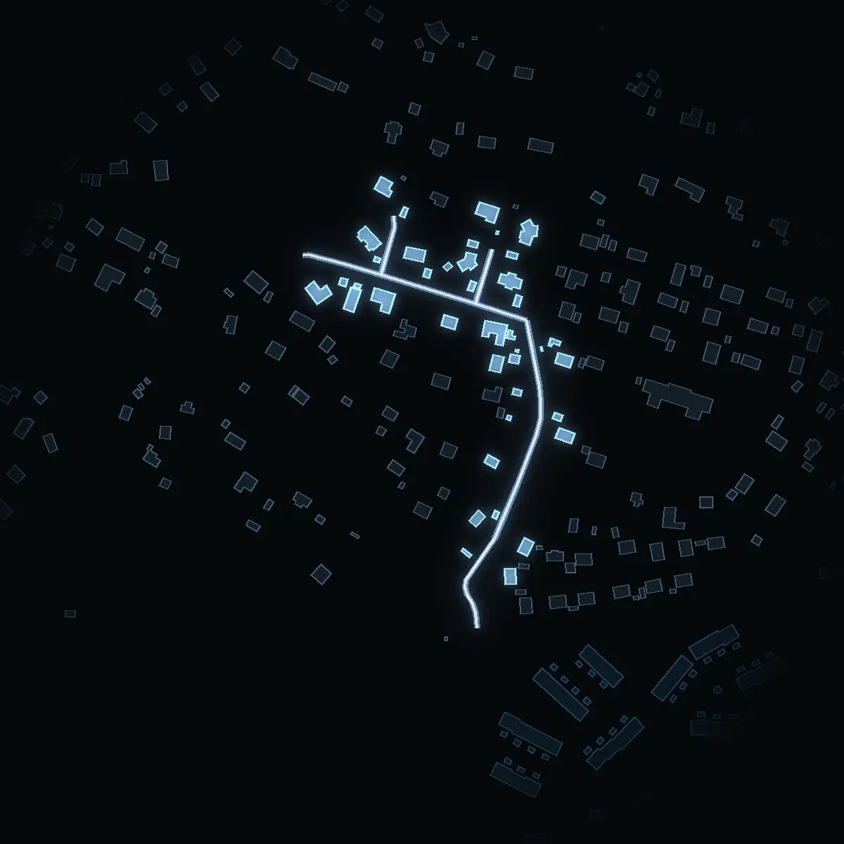 The street at night: Nygärdesvägen drawn in white, its buildings lit in the colour of their area’s income