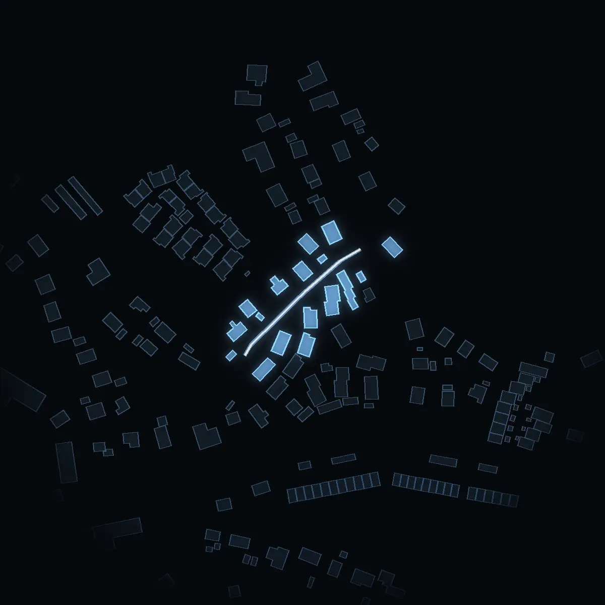 The street at night: Örnstigen drawn in white, its buildings lit in the colour of their area’s income