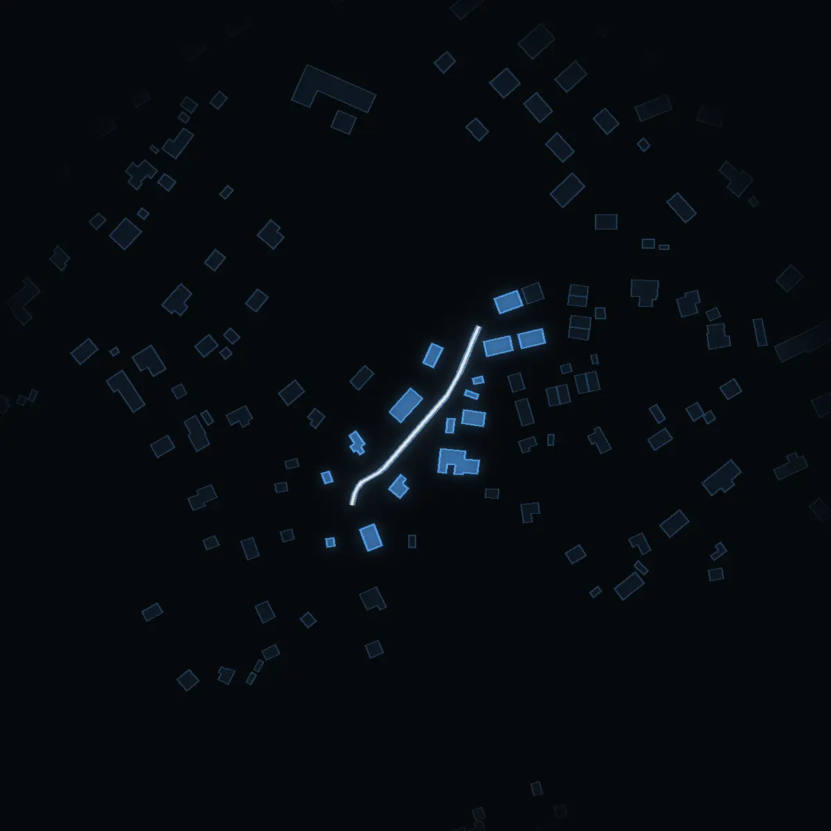 The street at night: Österdalsvägen drawn in white, its buildings lit in the colour of their area’s income