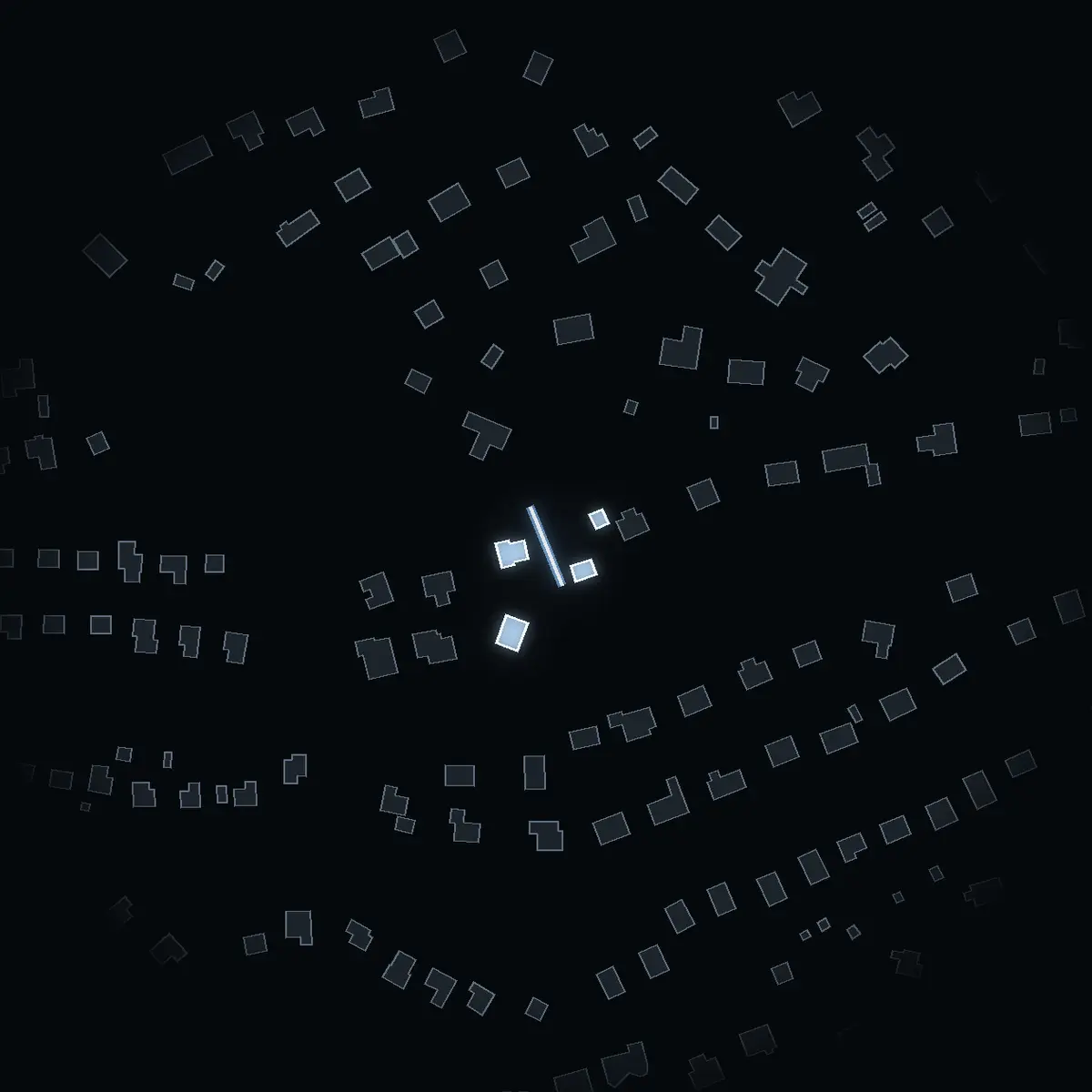The street at night: Parkgränd drawn in white, its buildings lit in the colour of their area’s income