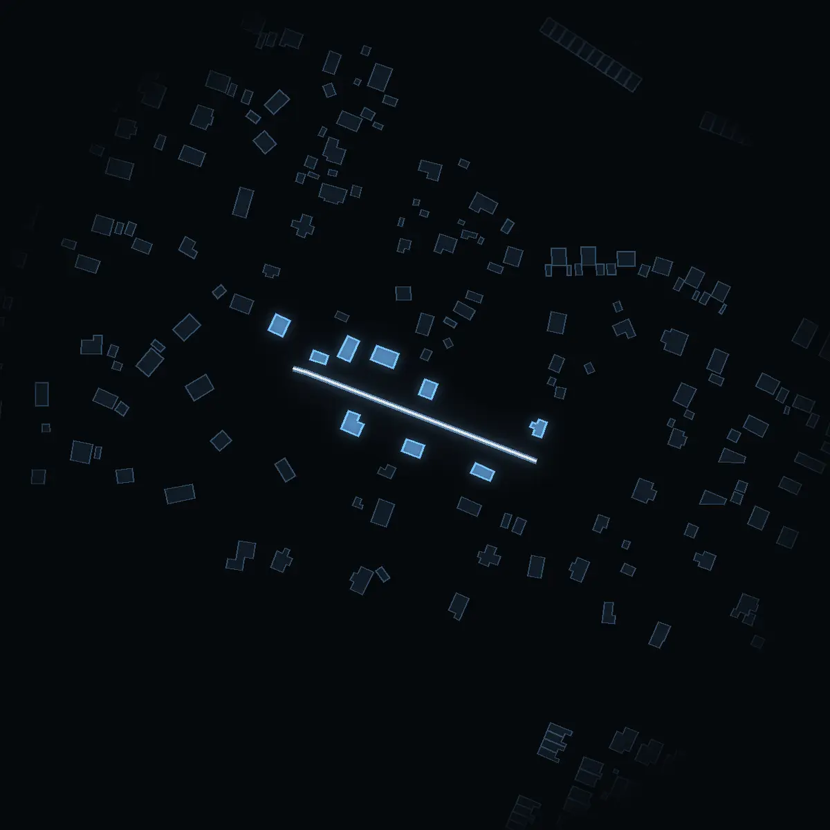 The street at night: Pilstigen drawn in white, its buildings lit in the colour of their area’s income