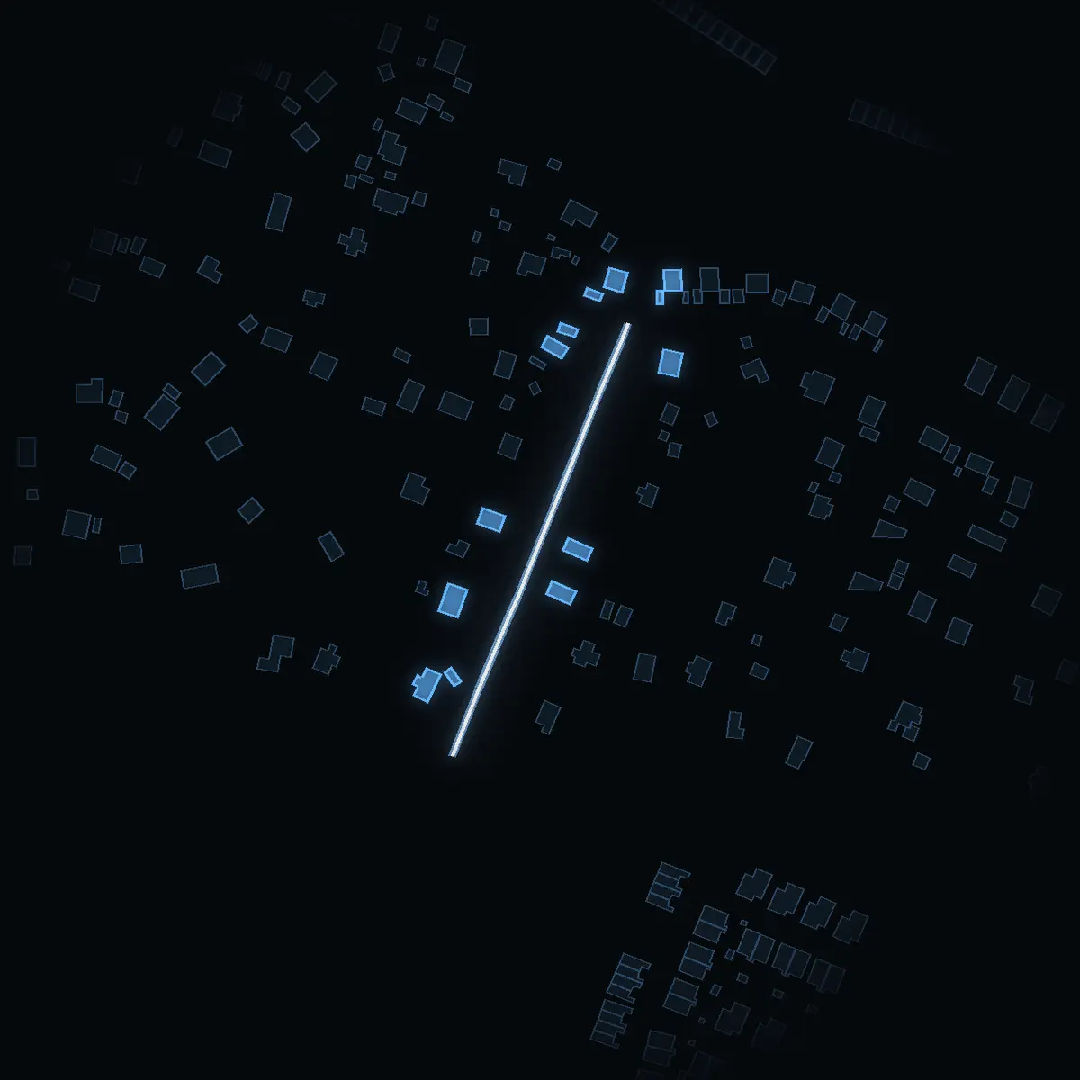The street at night: Pilvägen drawn in white, its buildings lit in the colour of their area’s income