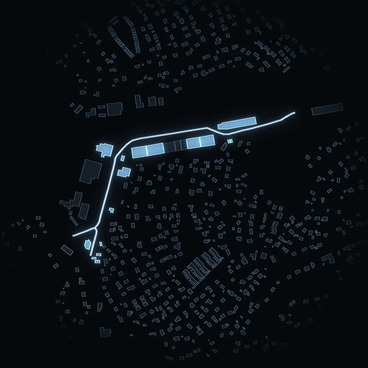 The street at night: Prästkragens väg drawn in white, its buildings lit in the colour of their area’s income