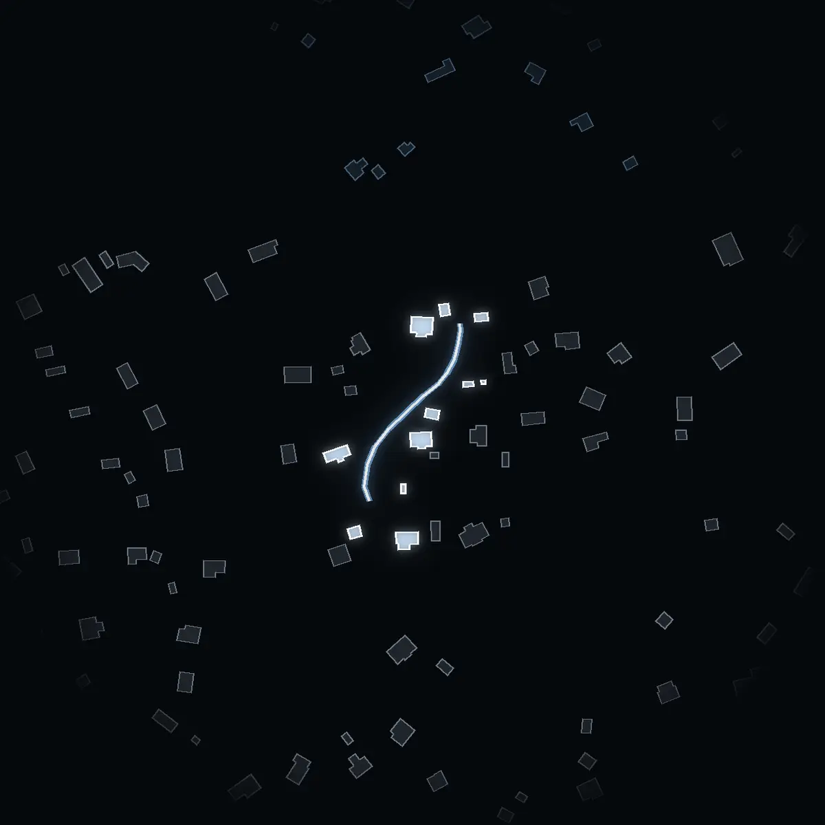 The street at night: Rågångsvägen drawn in white, its buildings lit in the colour of their area’s income