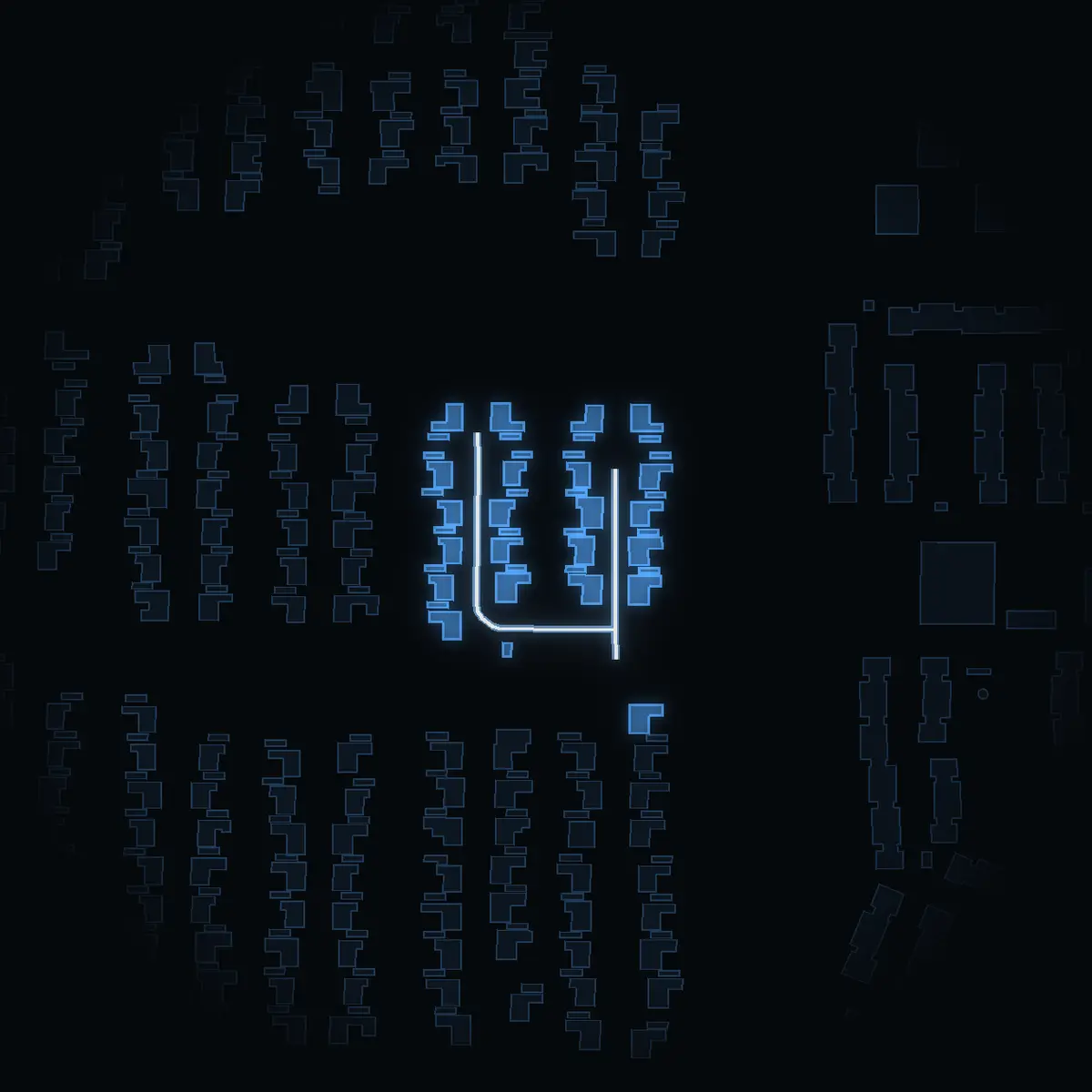 The street at night: Rånövägen drawn in white, its buildings lit in the colour of their area’s income
