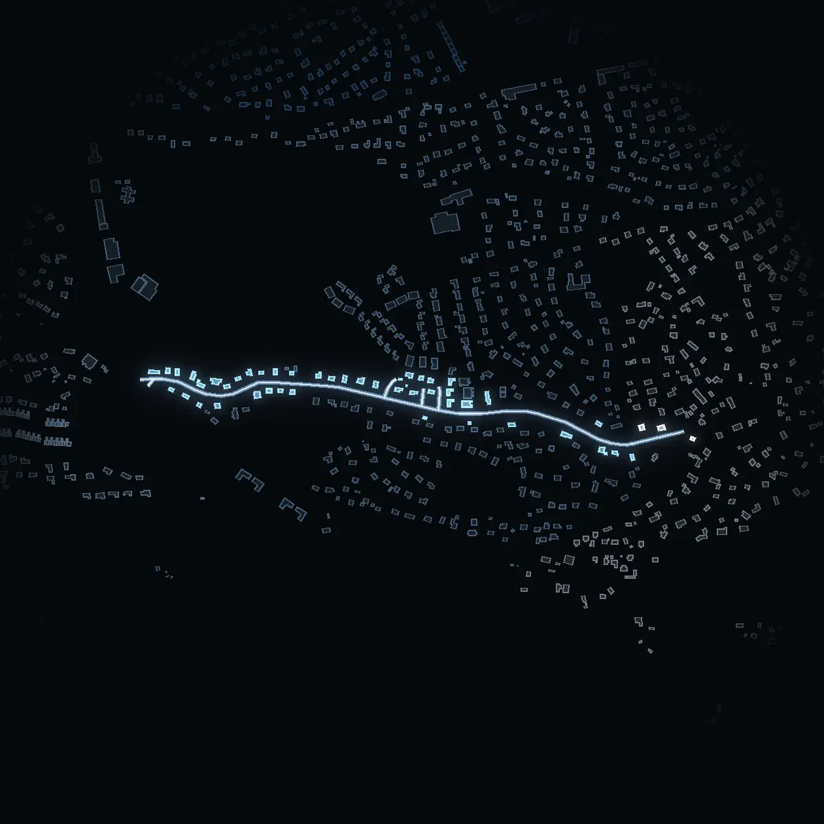 The street at night: Reginavägen drawn in white, its buildings lit in the colour of their area’s income