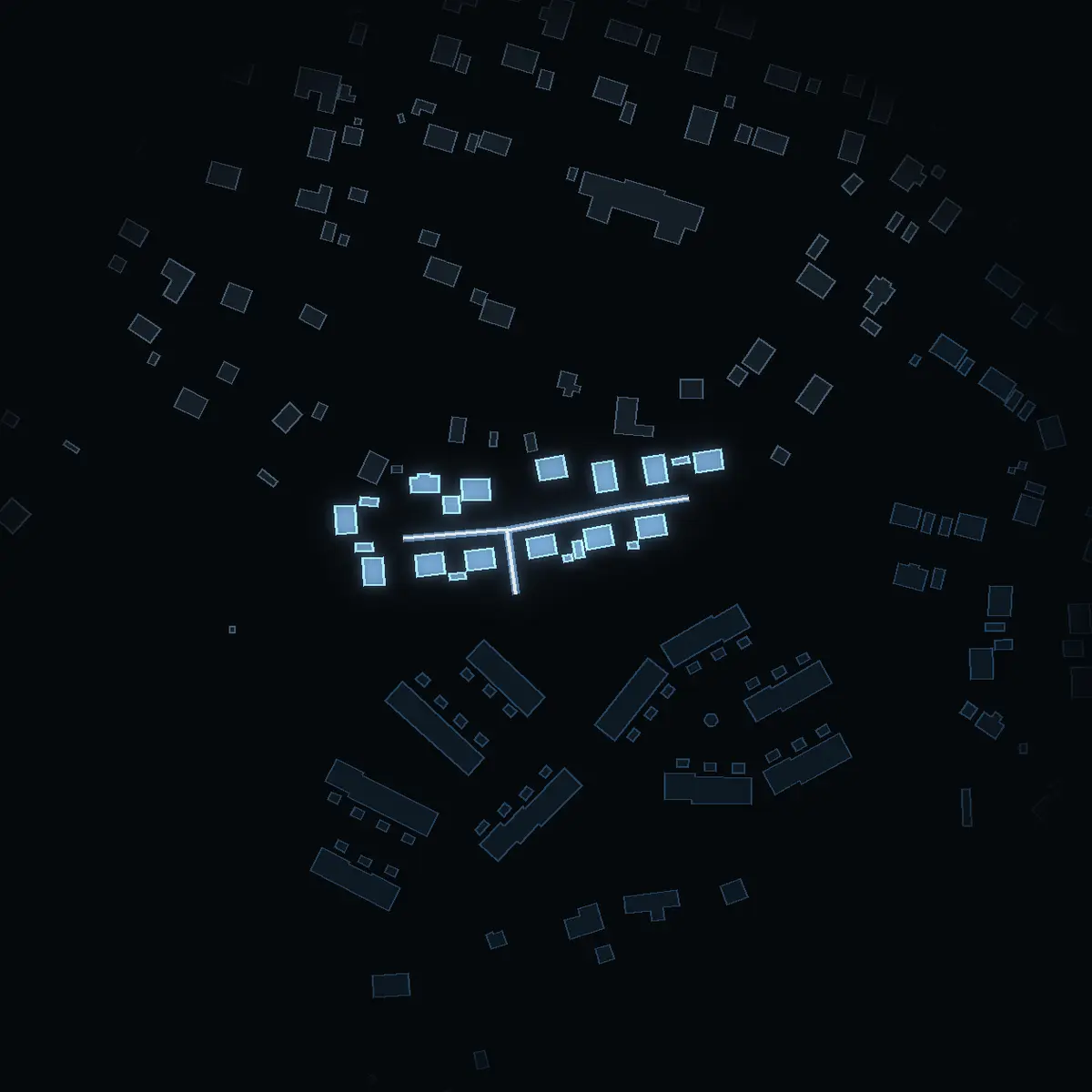 The street at night: Rensättra gränd drawn in white, its buildings lit in the colour of their area’s income